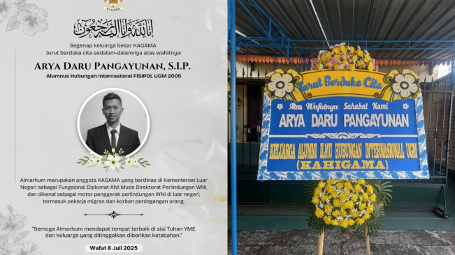 Karangan Bunga KAGAMA UGM terkait meninggalnya Arya Daru Pangayunan. [Instagram]